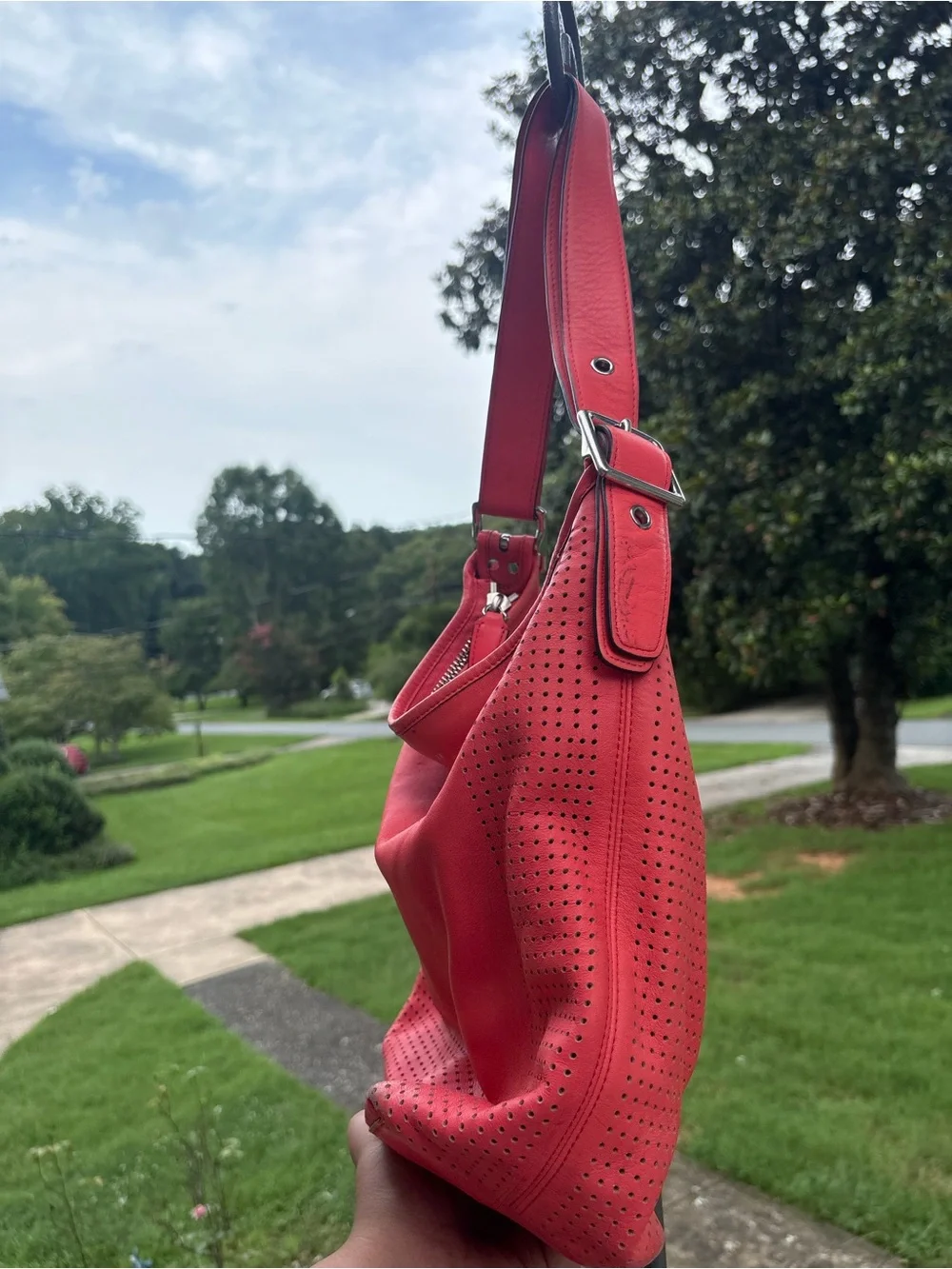 Coach Red Perforated Leather Shoulder Hobo